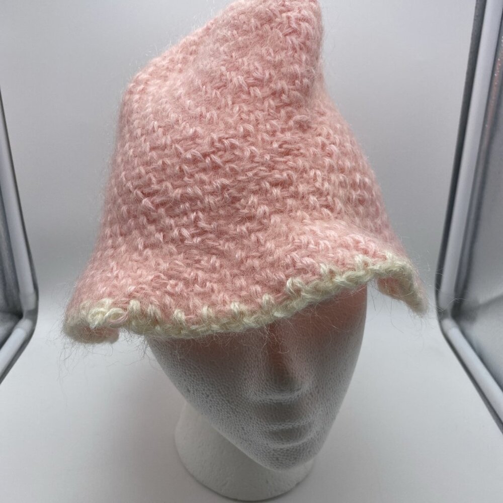 Unbranded Pink White Handmade Crochet Yarn Beanie Hat Knit Stocking Cap Winter